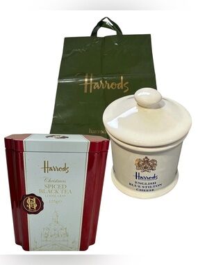 HARRODS BUNDLE VINTAGE CERAMIC CHEESE POT SHOPPING BAG CHRISTMAS TEA TIN LONDON